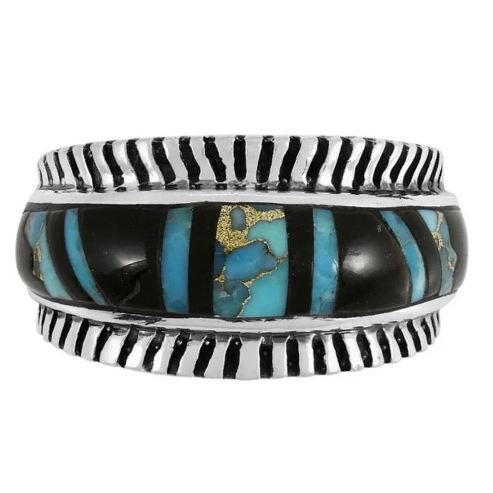 Southwestern Sterling Silver Turquoise & Black Onyx Inlay Band Ring New
